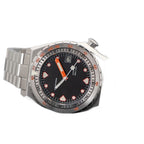 Seestern S407 black-dial ceramic diver on steel bracelet, angled studio reflection view