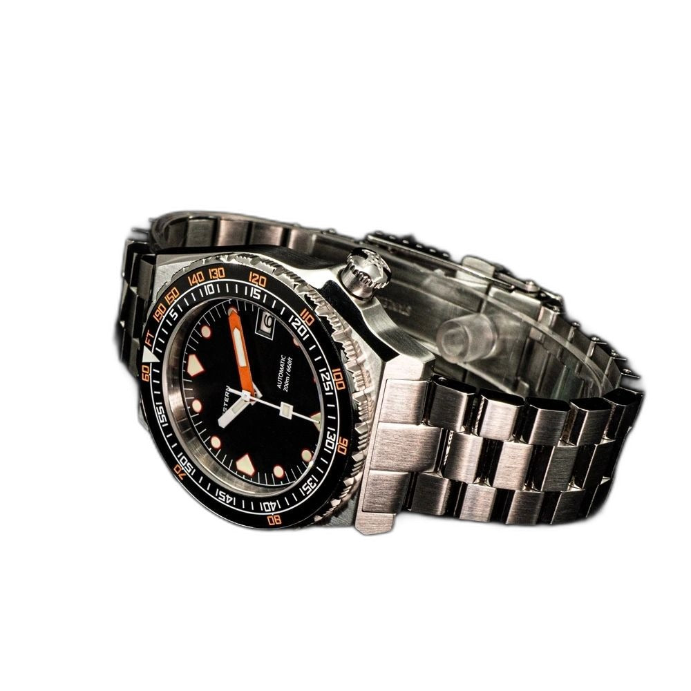 Seestern S407 black-dial ceramic diver on steel bracelet, angled studio product view