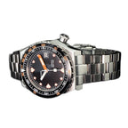 Seestern S407 black ceramic diver on steel bracelet, angled studio reflection view