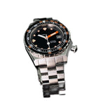 Seestern S407 black-dial ceramic diver on steel bracelet, low angled studio view