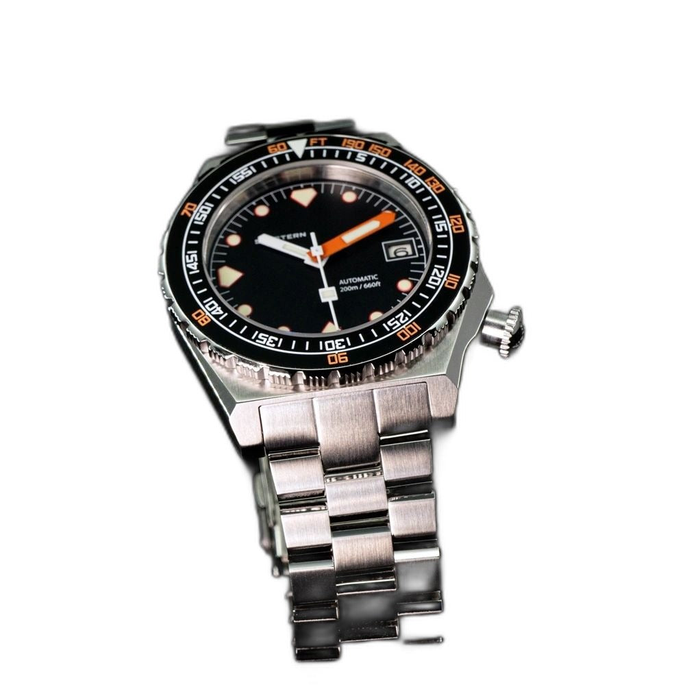 Seestern S407 black-dial ceramic diver on steel bracelet, low angled studio view