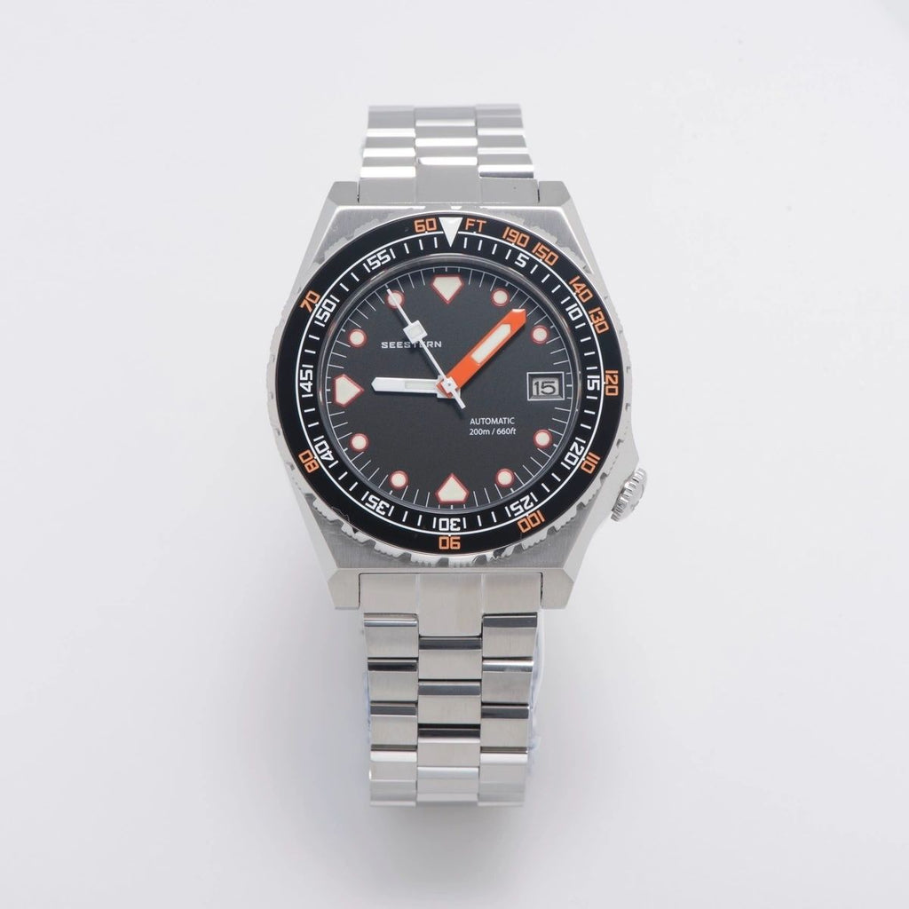 Seestern S407 automatic ceramic diver 200m, black dial, black-orange bezel, steel bracelet, front