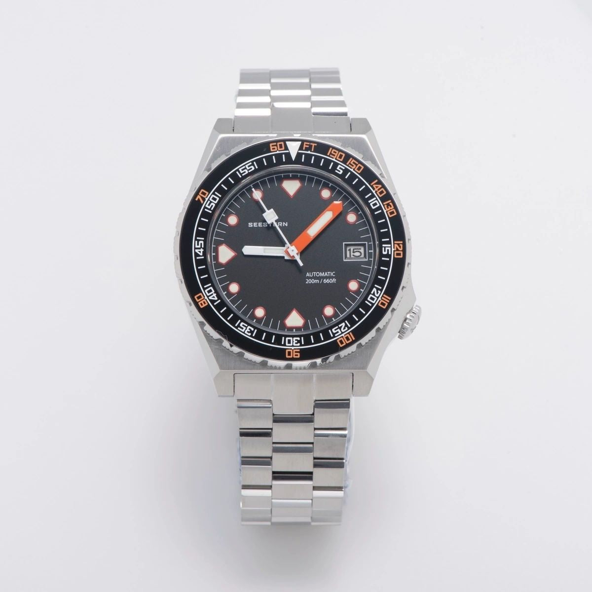 Seestern S407 automatic ceramic diver 200m, black dial, black-orange bezel, steel bracelet, front