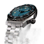 Seestern S407 Tiffany blue dial diver angled to show signed star crown and black bezel