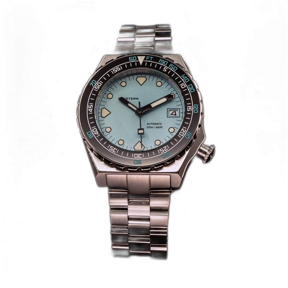 Seestern S407 Tiffany blue dial dive watch full front view on steel bracelet, warm studio light