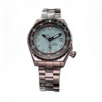 Seestern S407 Tiffany blue dial dive watch full front view on steel bracelet, warm studio light