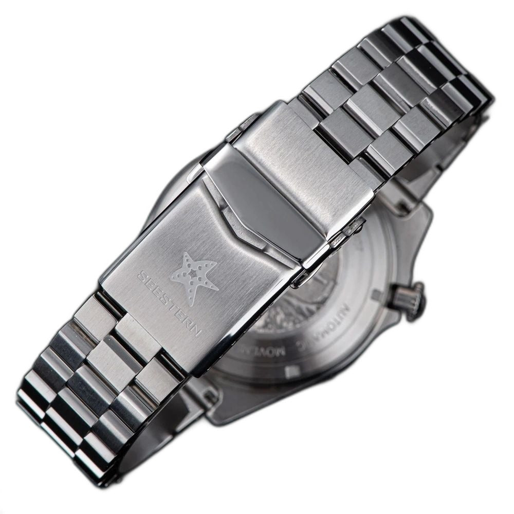 Seestern S407 steel bracelet clasp engraved with the Seestern starfish emblem, close-up