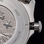 Seestern S407 caseback close-up showing Great Wave star engraving, model S407 and star crown