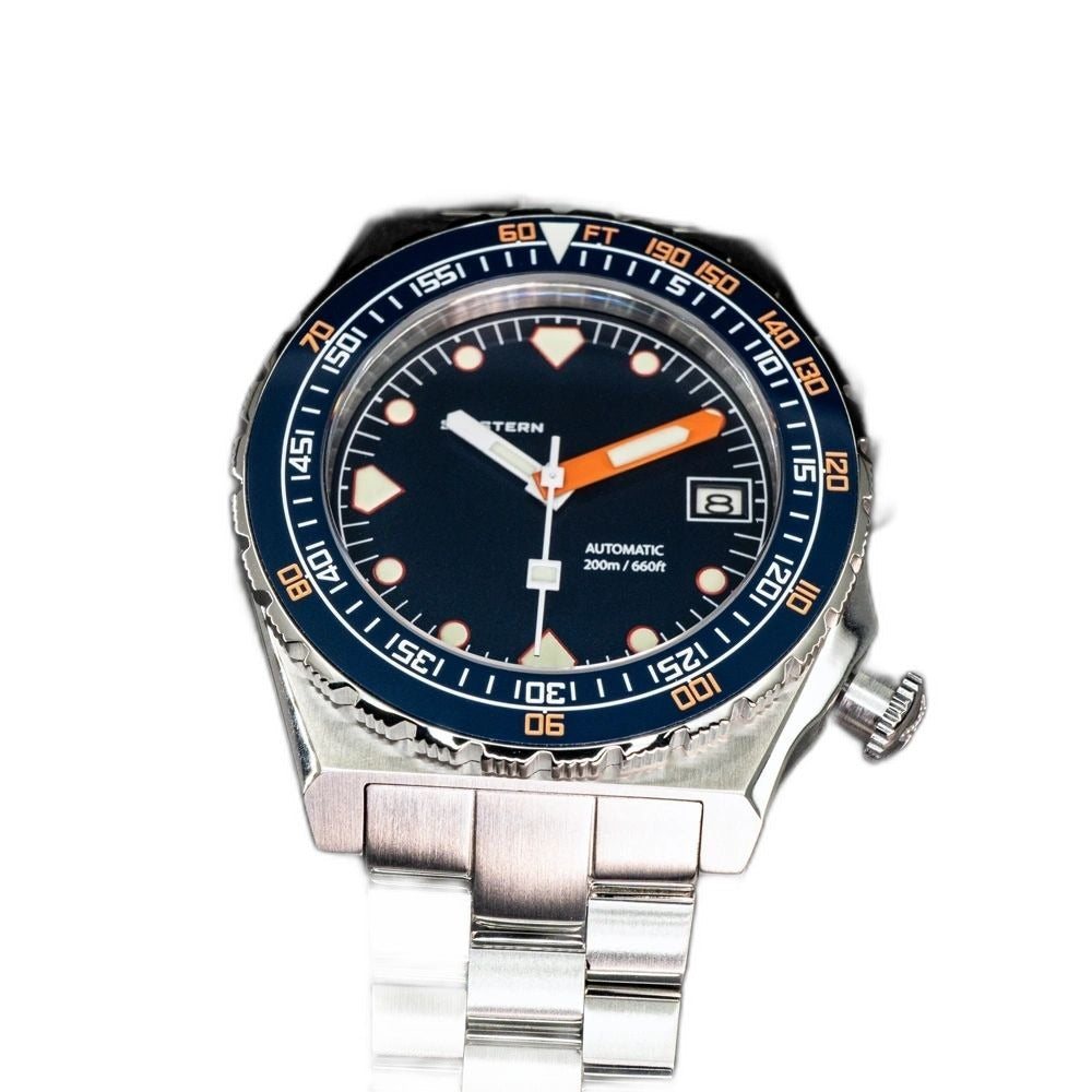 Seestern S407 automatic ceramic diver, dark blue dial and steel bracelet, angled studio view