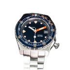Seestern S407 automatic ceramic diver, dark blue dial and steel bracelet, angled studio view
