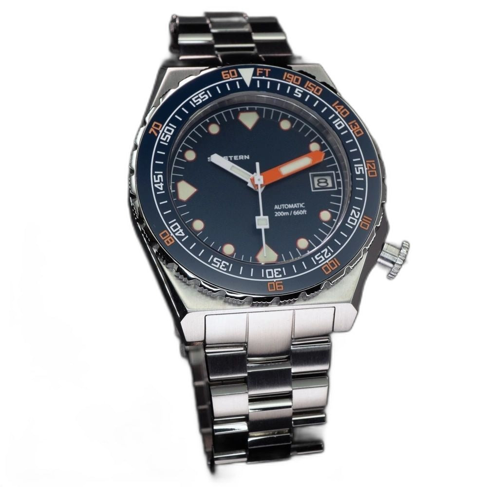 Seestern S407 dark blue-dial ceramic diver on steel bracelet, three-quarter studio view
