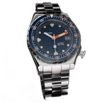 Seestern S407 dark blue-dial ceramic diver on steel bracelet, three-quarter studio view