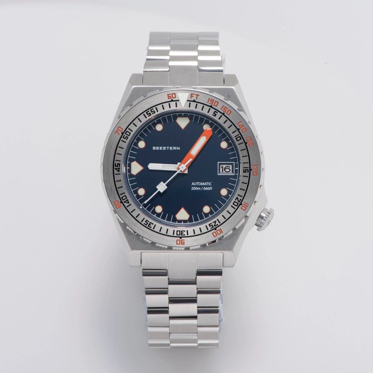 Seestern S407 automatic ceramic diver 200m, dark blue dial, silver bezel, steel bracelet, front