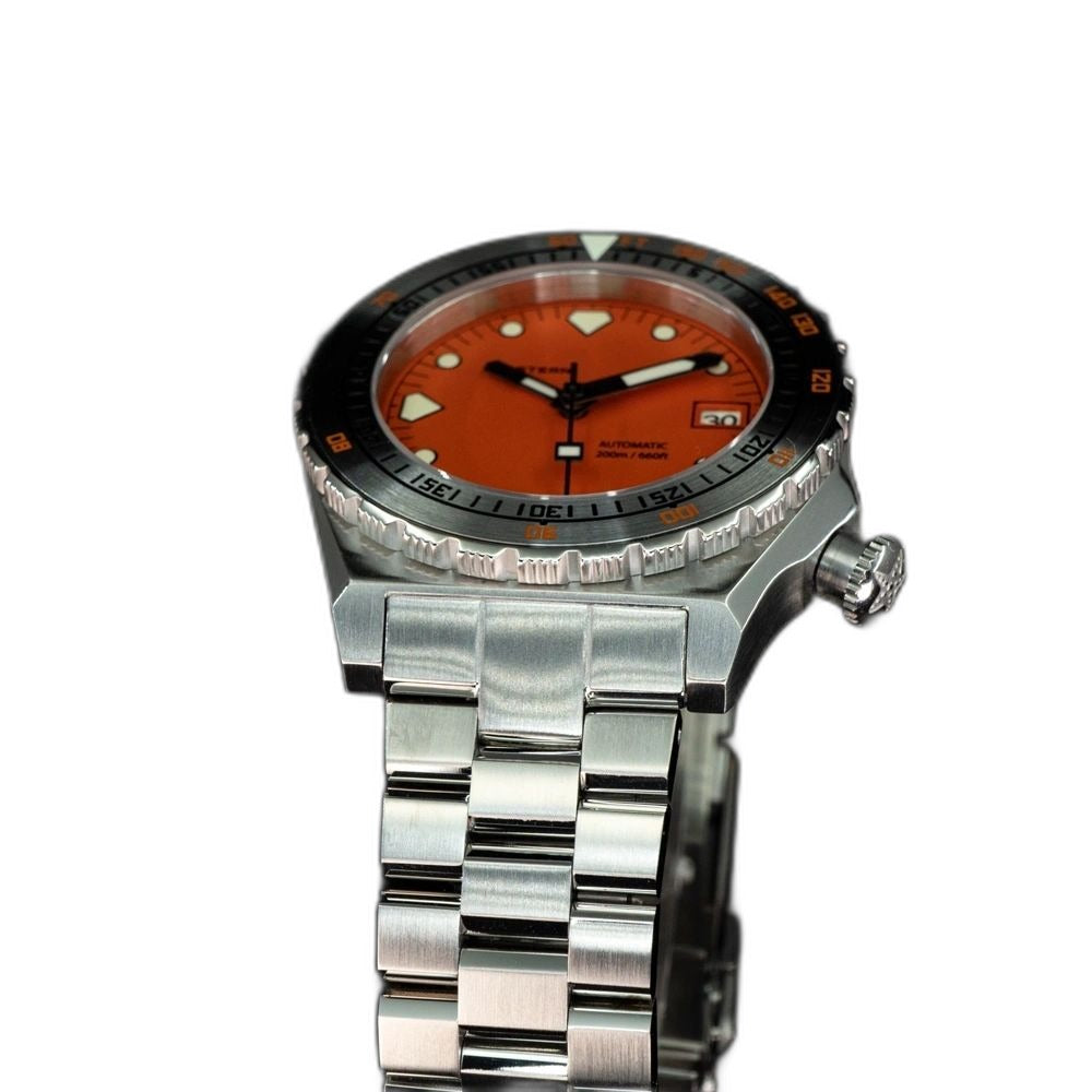 Seestern S407 orange-dial ceramic diver on steel bracelet, angled studio product view