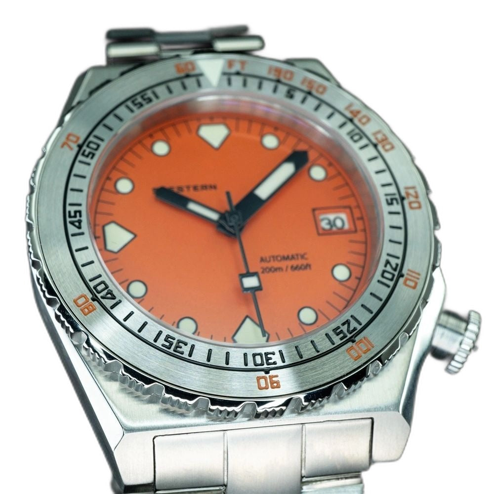 Seestern S407 automatic ceramic diver, orange dial, steel bracelet, front view on white