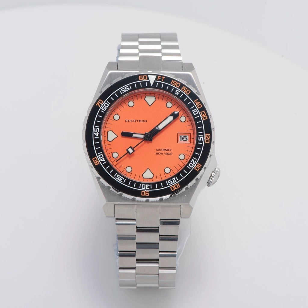Seestern S407 automatic ceramic diver 200m, orange dial, black-orange bezel, steel bracelet, front