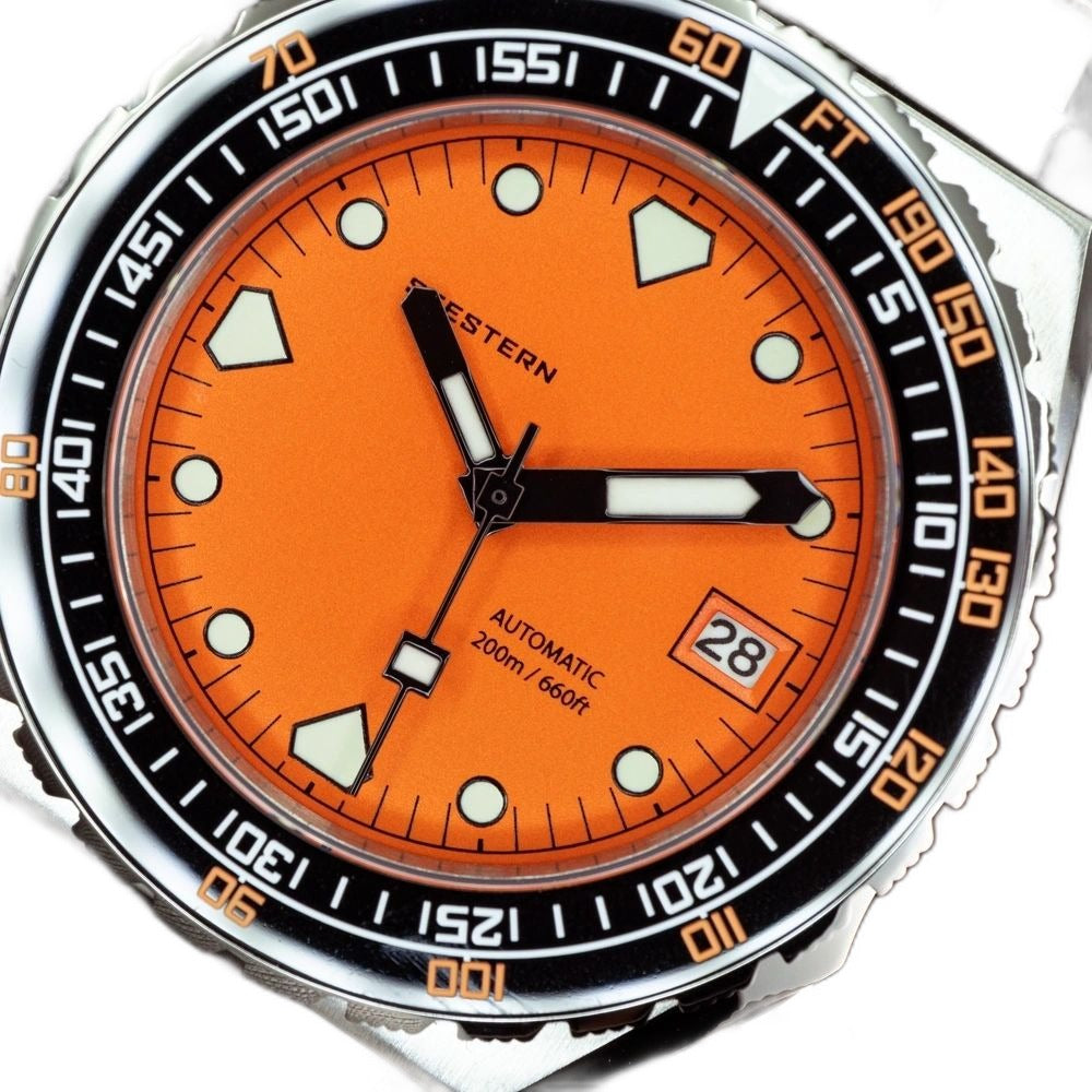 Seestern S407 orange dial close-up with sword hands, applied lume markers and date at 3