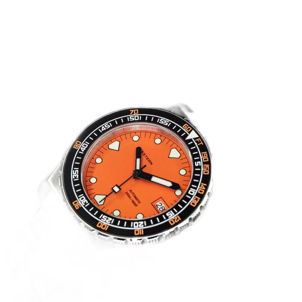 Seestern S407 orange dial macro showing SEESTERN print, sword hands and date window