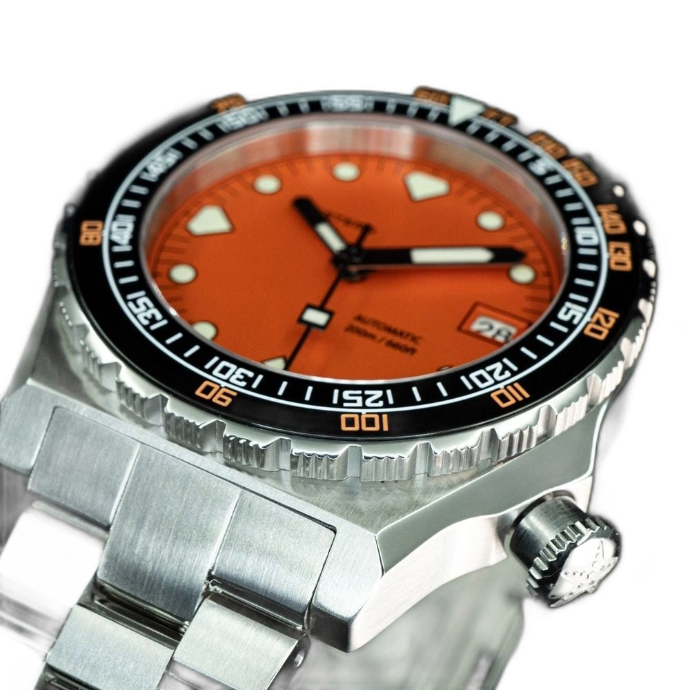 Seestern S407 orange-dial diver side view with star crown, ceramic bezel and steel bracelet