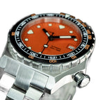 Seestern S407 orange-dial diver side view with star crown, ceramic bezel and steel bracelet