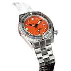 Seestern S407 orange ceramic diver side view on steel bracelet, studio reflection shot