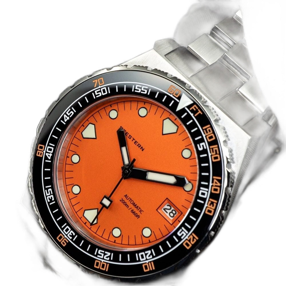 Seestern S407 orange dial tilted three-quarter view with black bezel and orange minute track