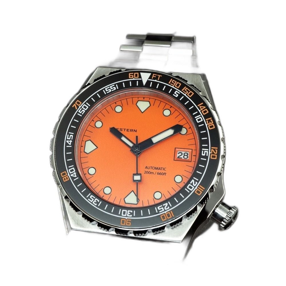 Seestern S407 orange dial diver angled studio shot with black bezel and steel bracelet