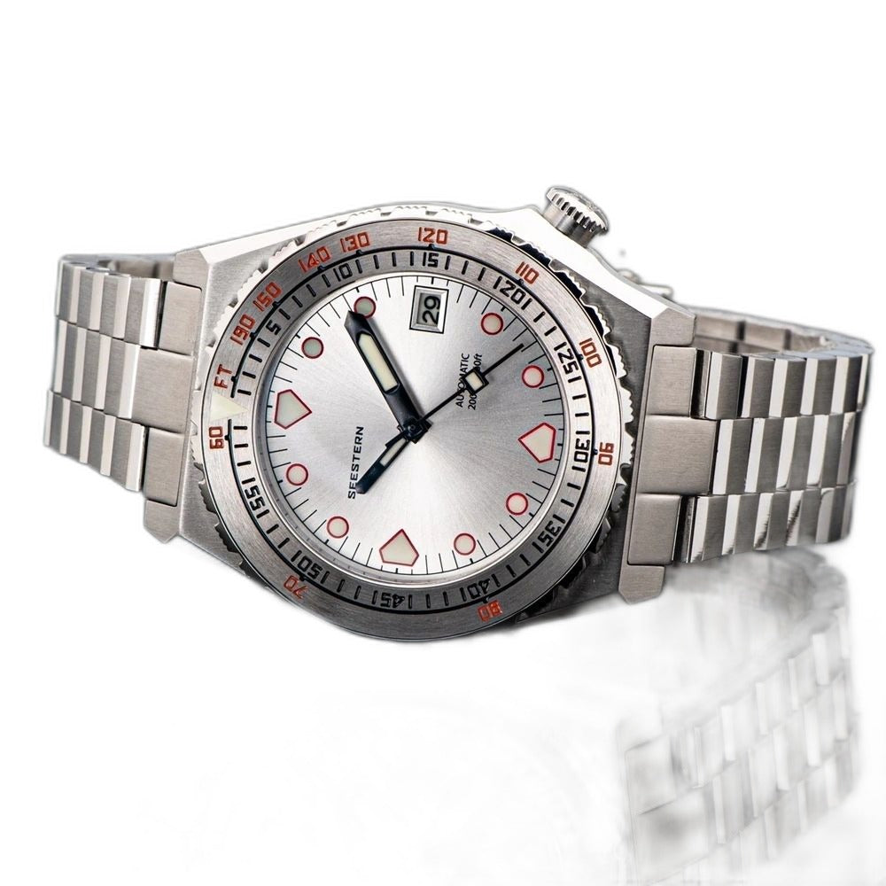 Seestern S407 silver-dial ceramic diver on steel bracelet, angled studio reflection view
