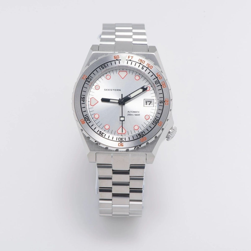 Seestern S407 automatic ceramic diver, silver dial, steel bracelet, front view on white