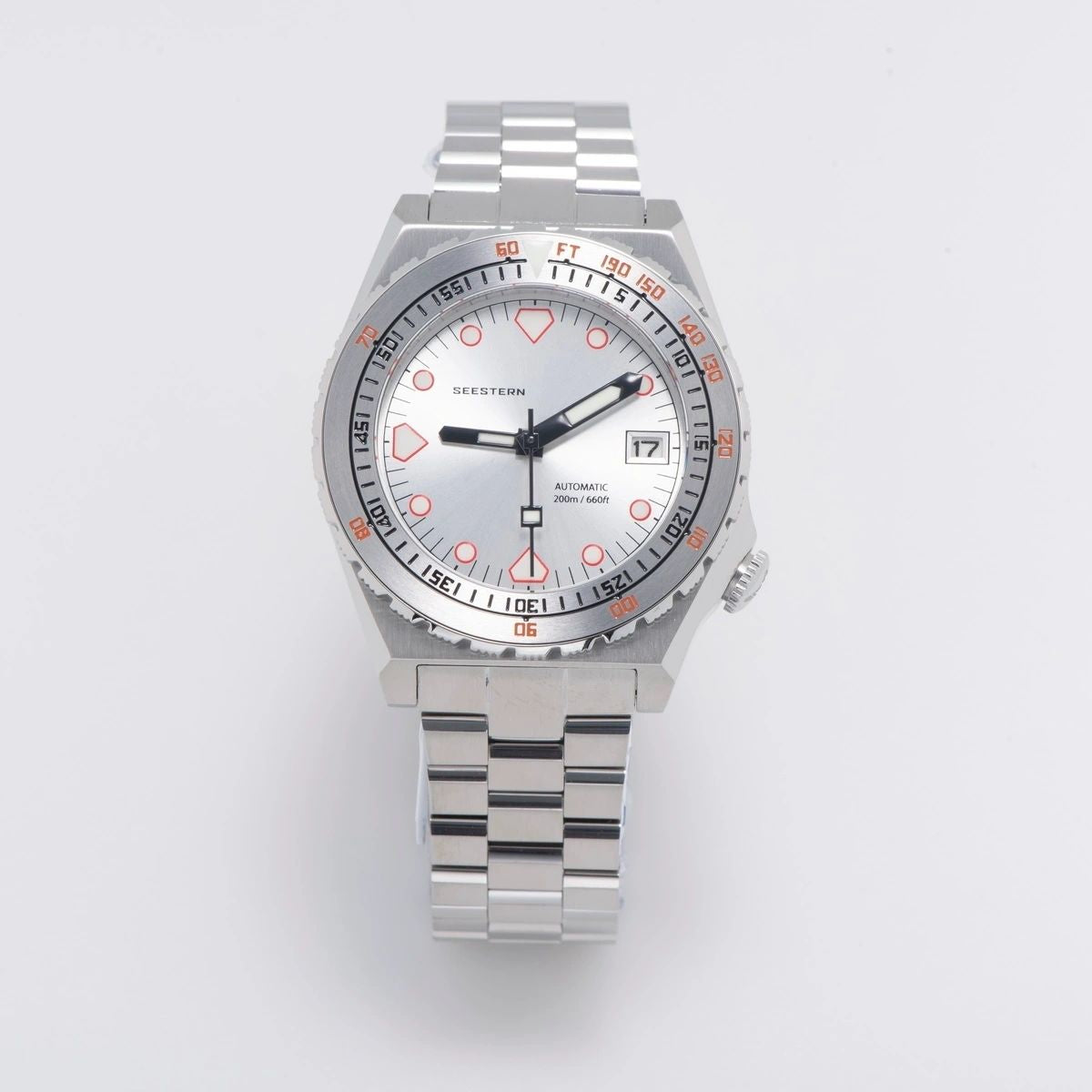 Seestern S407 automatic ceramic diver, silver dial, steel bracelet, front view on white