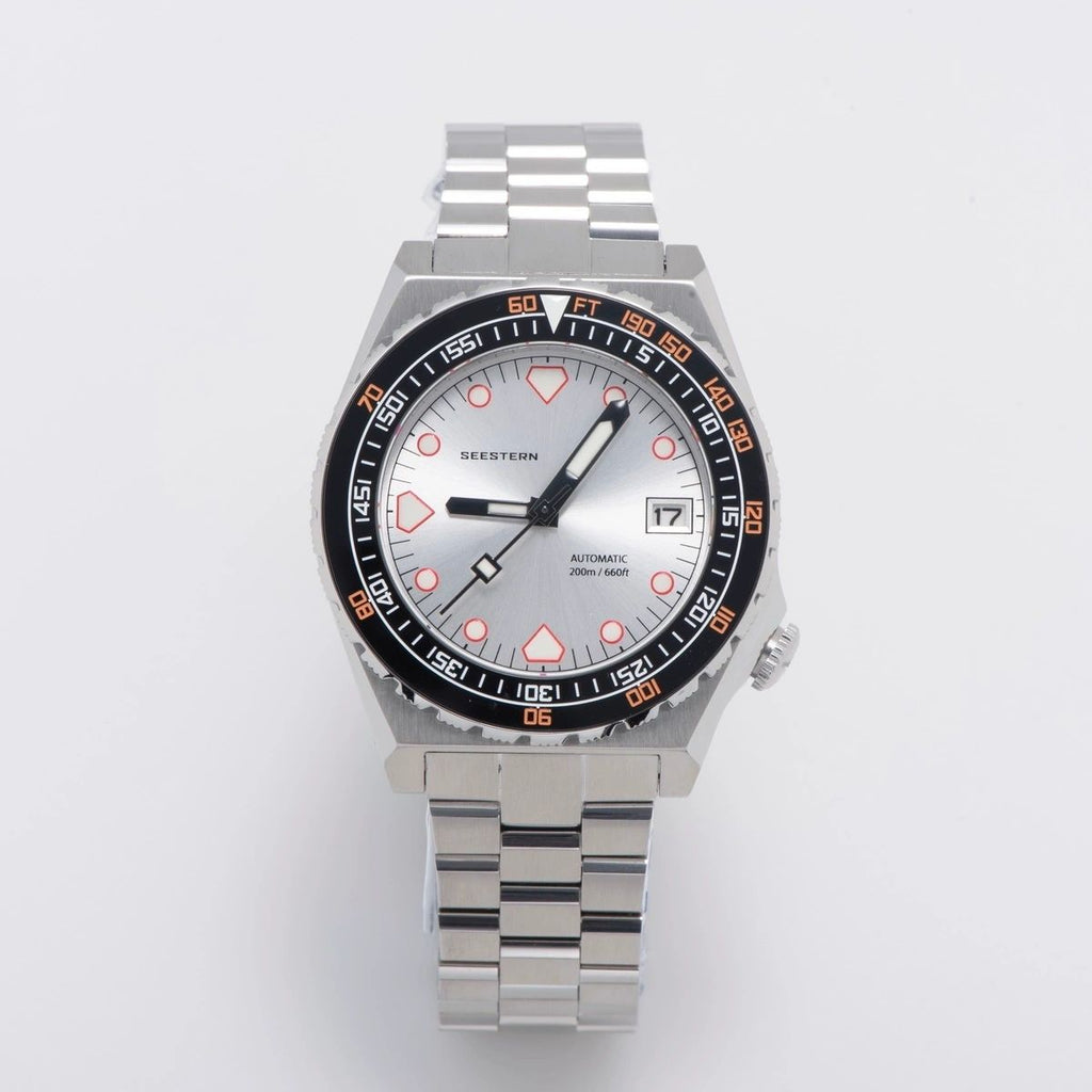 Seestern S407 automatic ceramic diver 200m, silver dial, black-orange bezel, steel bracelet, front