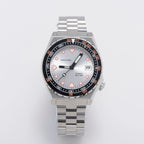Seestern S407 automatic ceramic diver 200m, silver dial, black-orange bezel, steel bracelet, front