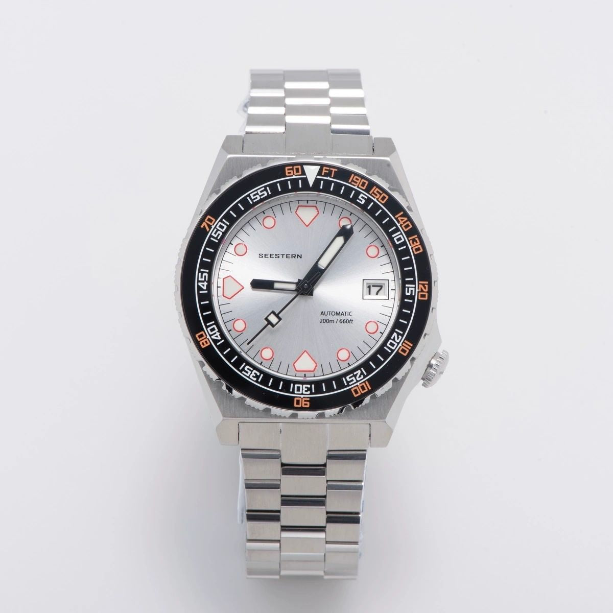 Seestern S407 automatic ceramic diver 200m, silver dial, black-orange bezel, steel bracelet, front