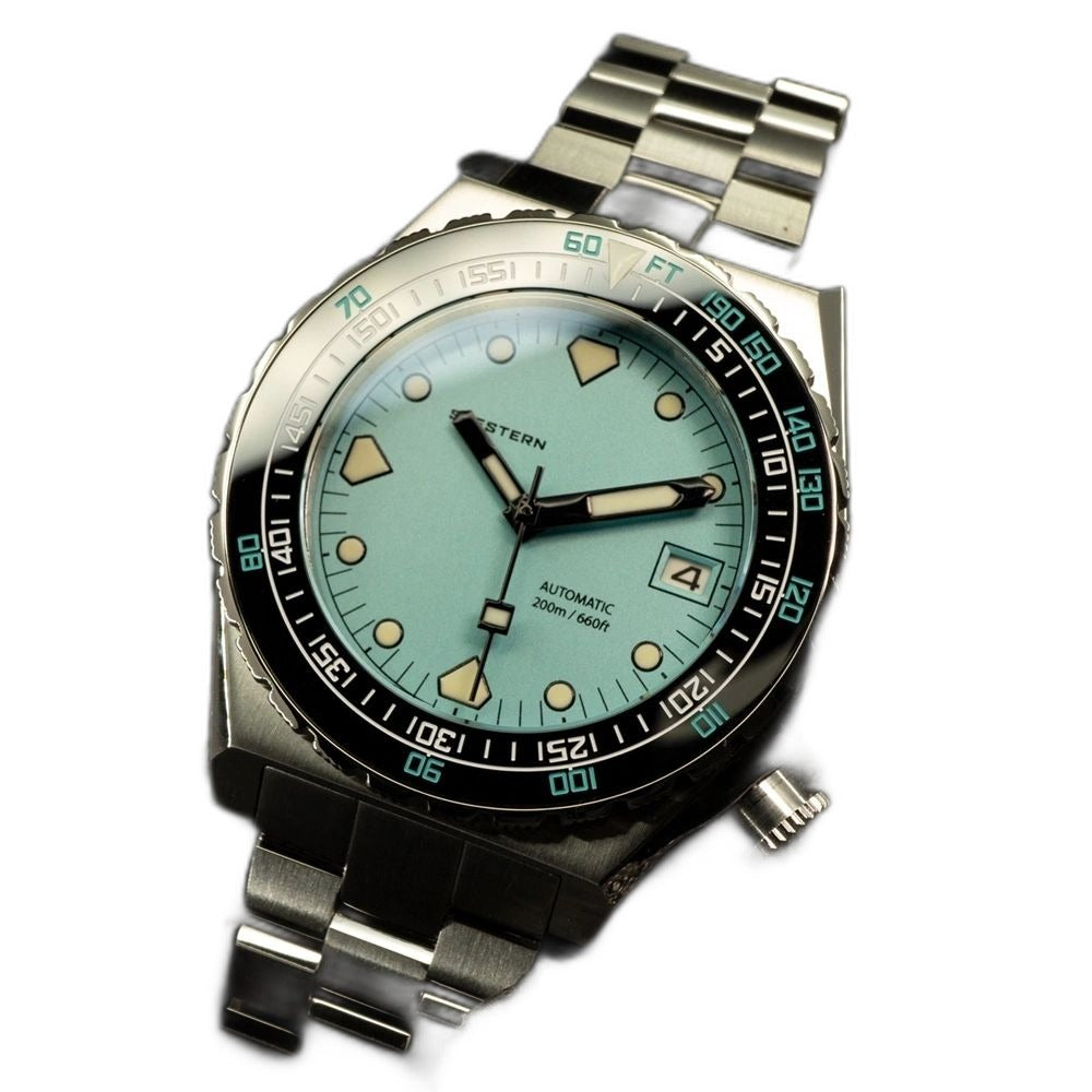 Seestern S407 tiffany blue ceramic diver on steel bracelet, angled studio product view