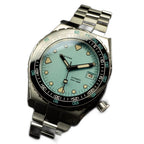 Seestern S407 tiffany blue ceramic diver on steel bracelet, angled studio product view