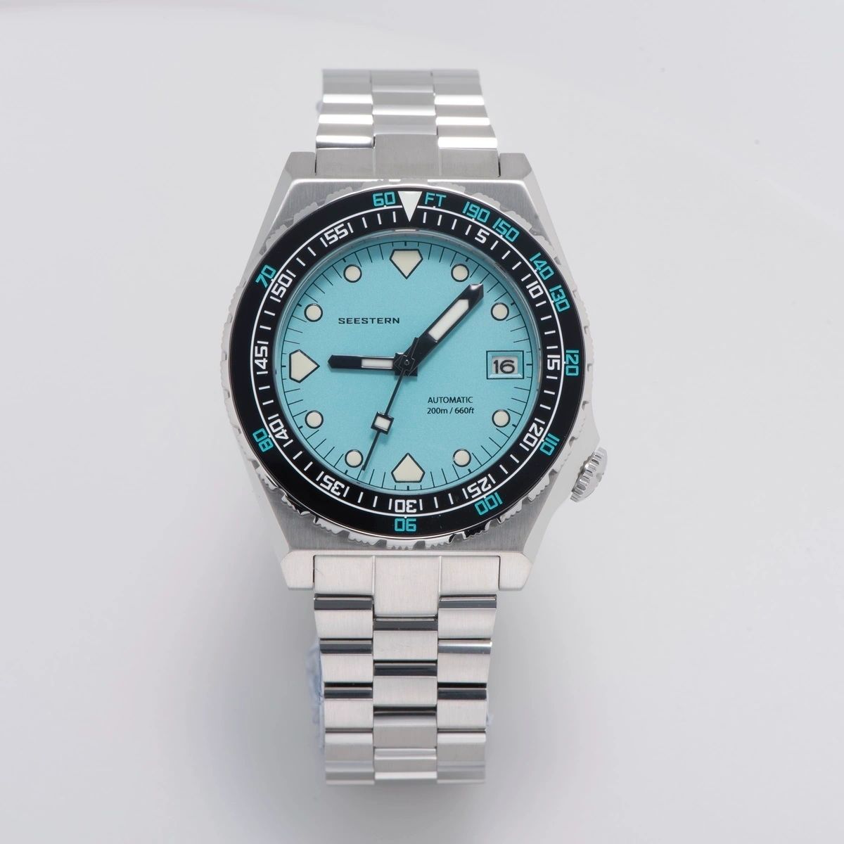Seestern S407 automatic ceramic diver 200m, tiffany blue dial, black bezel, steel bracelet, front
