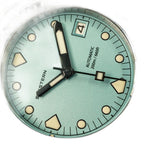 Seestern S407 tiffany blue dial macro showing SEESTERN print, sword hands and date