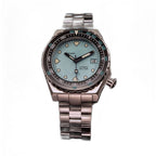 Seestern S407 tiffany blue dial close-up with sword hands, lume markers and date window