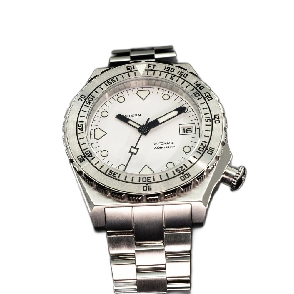 Seestern S407 automatic ceramic diver, white dial and steel bracelet, front-on studio view