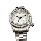 Seestern S407 automatic ceramic diver, white dial and steel bracelet, front-on studio view