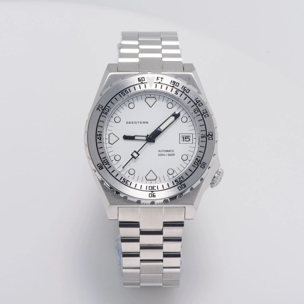 Seestern S407 automatic ceramic diver 200m, white dial, silver bezel, steel bracelet, front