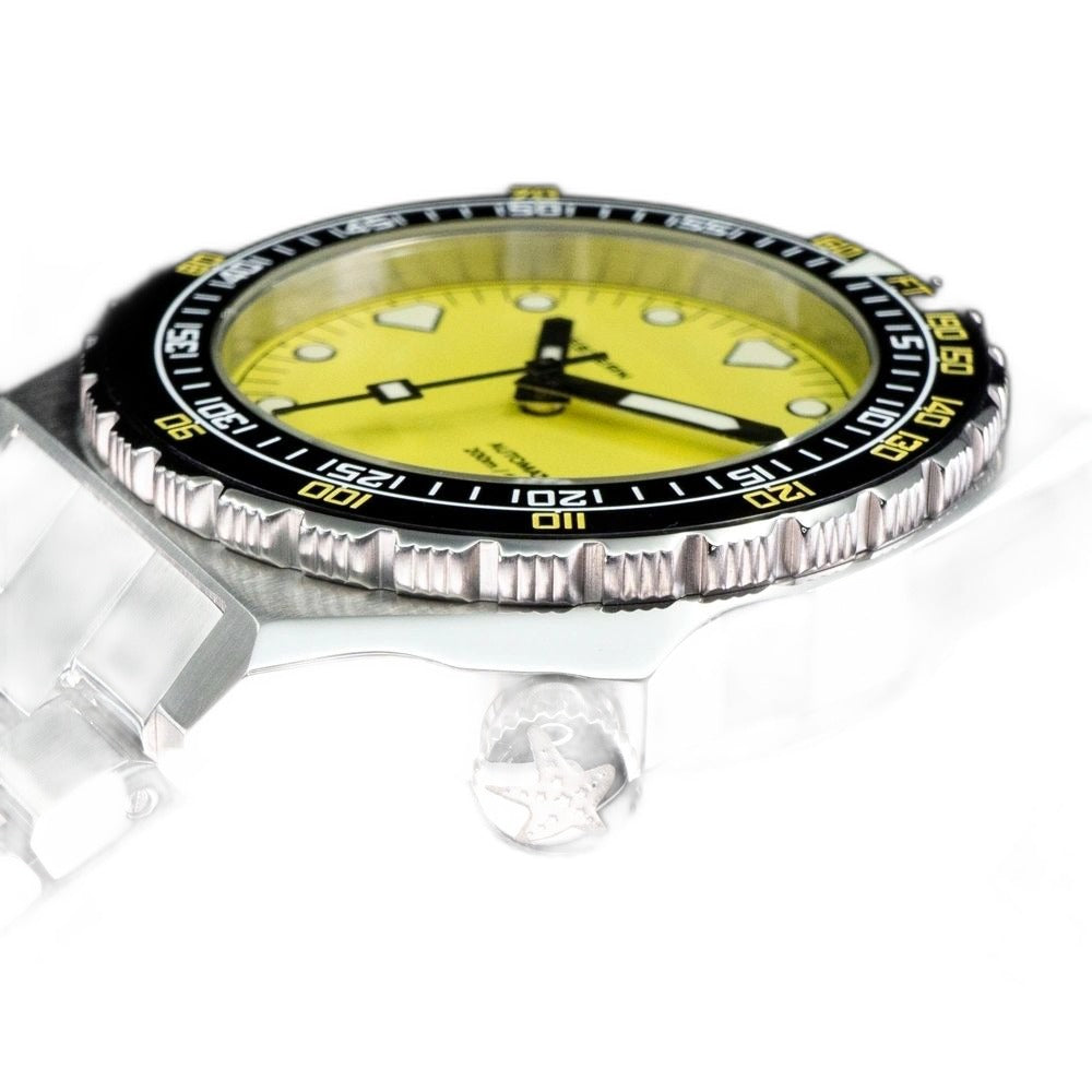 Seestern S407 yellow ceramic diver on steel bracelet, angled studio reflection view