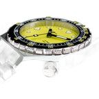 Seestern S407 yellow ceramic diver on steel bracelet, angled studio reflection view