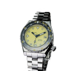 Seestern S407 automatic ceramic diver, yellow dial and steel bracelet, angled studio view