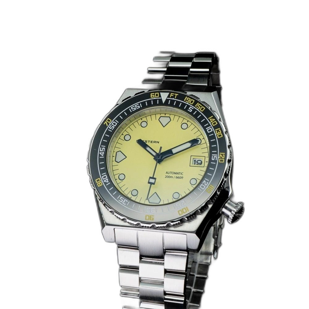 Seestern S407 automatic ceramic diver, yellow dial and steel bracelet, angled studio view