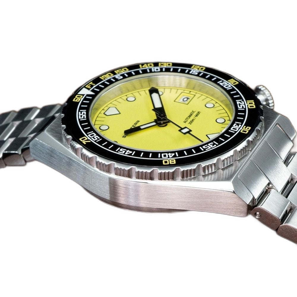 Seestern S407 yellow-dial diver side profile with star-engraved crown and steel bracelet