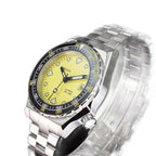 Seestern S407 yellow dial diver angled on a display stand, black bezel and steel bracelet
