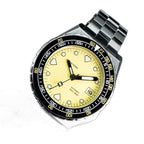 Seestern S407 pale yellow dial automatic diver angled view with black bezel and steel bracelet