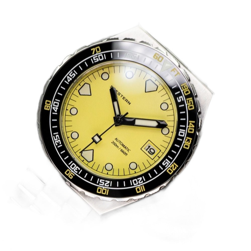 Seestern S407 pale yellow dial diver tilted studio shot with black bezel and yellow scale