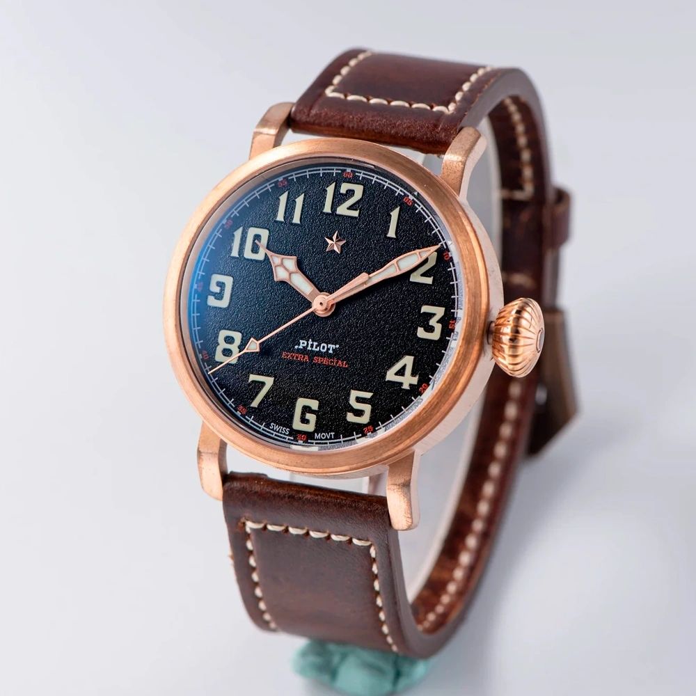Seestern S408 black-dial bronze pilot watch on brown leather strap, angled studio product view